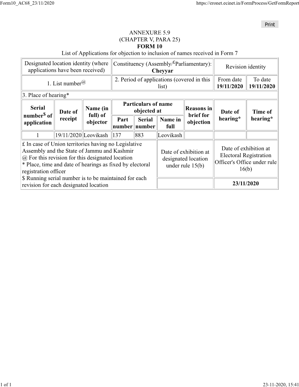 FORM 10 List of Applications for Objection to Inclusion of Names