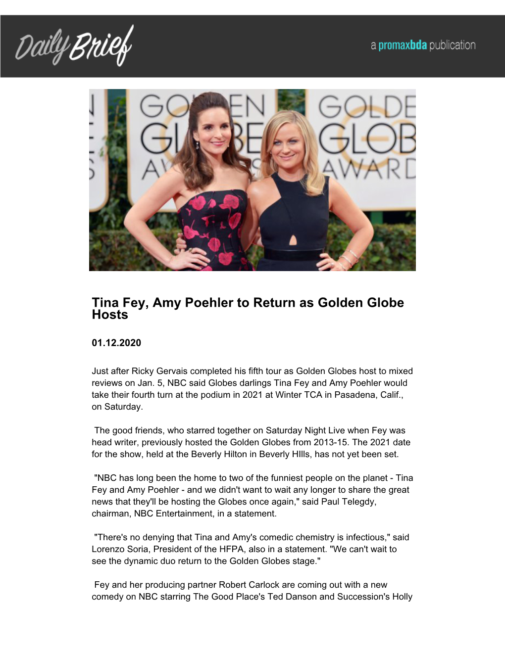 Tina Fey, Amy Poehler to Return As Golden Globe Hosts