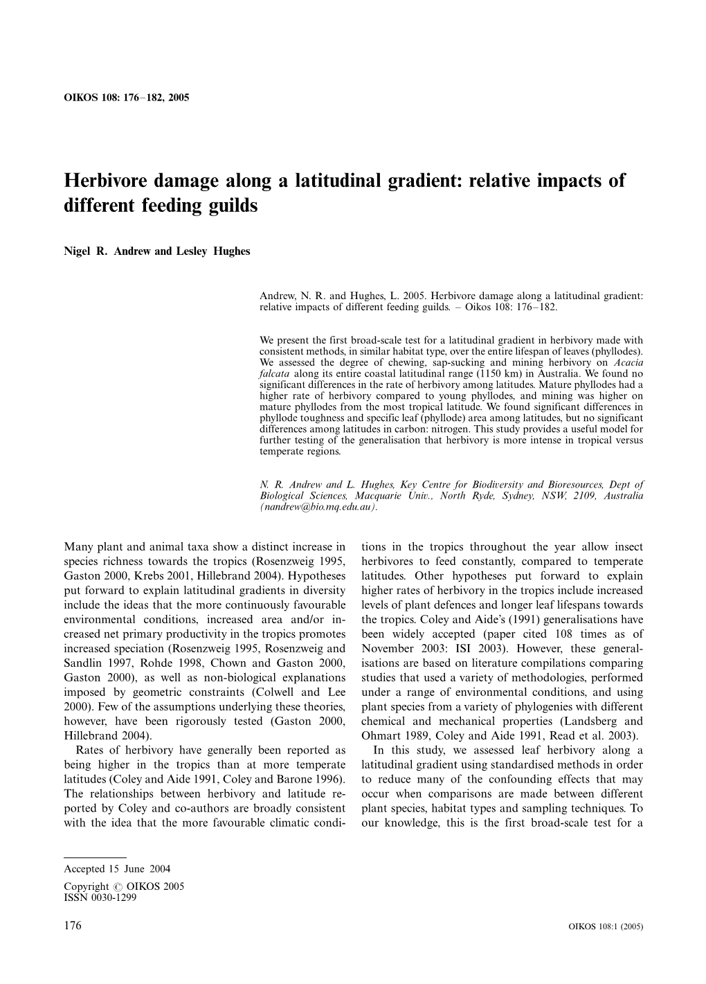 Herbivore Damage Along a Latitudinal Gradient: Relative Impacts of Different Feeding Guilds