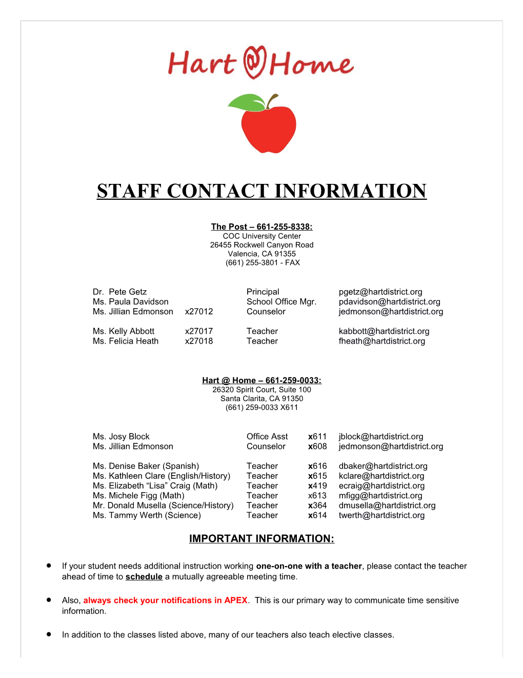 Staff Contact Information