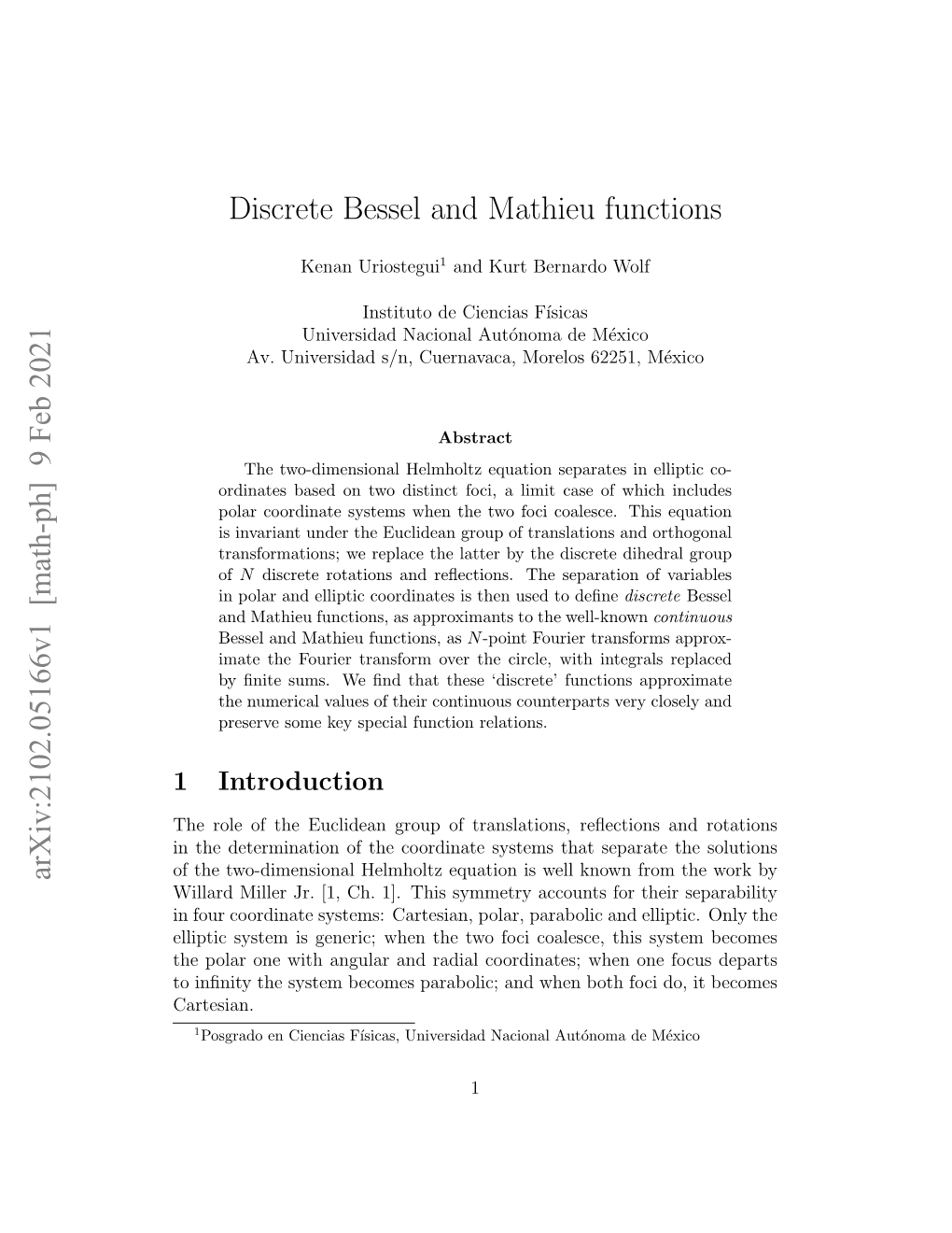 Discrete Bessel and Mathieu Functions Arxiv:2102.05166V1 [Math-Ph]