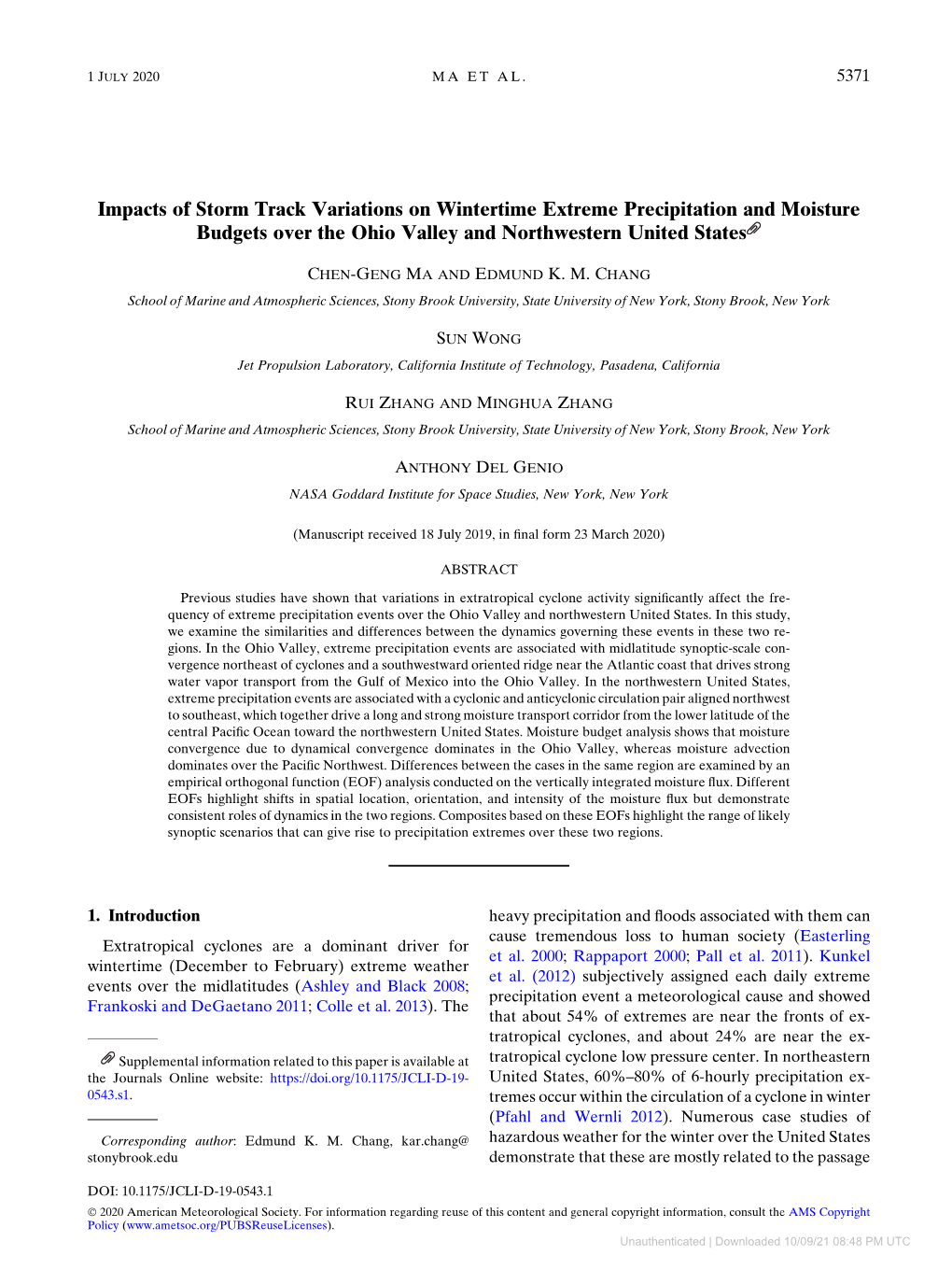 Impacts of Storm Track Variations on Wintertime Extreme Precipitation and Moisture Budgets Over the Ohio Valley and Northwestern United States