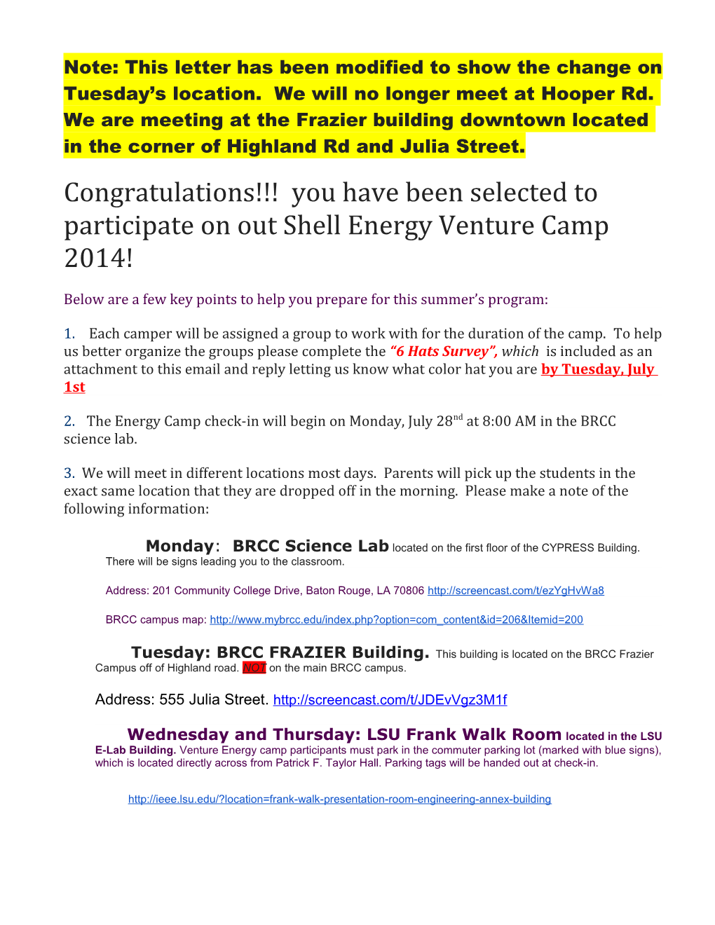 Congratulations You Have Been Selected to Participate on out Shell Energy Venture Camp 2014!