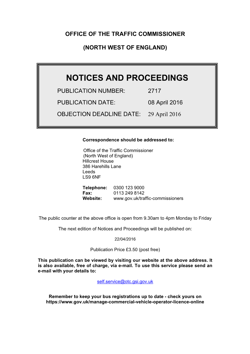 Notices and Proceedings: North West of England: 29 April 2016