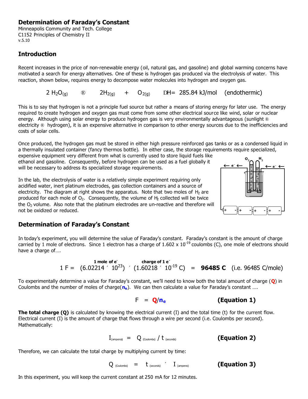 Determination of Faraday's Constant Introduction 2 H2O(G)