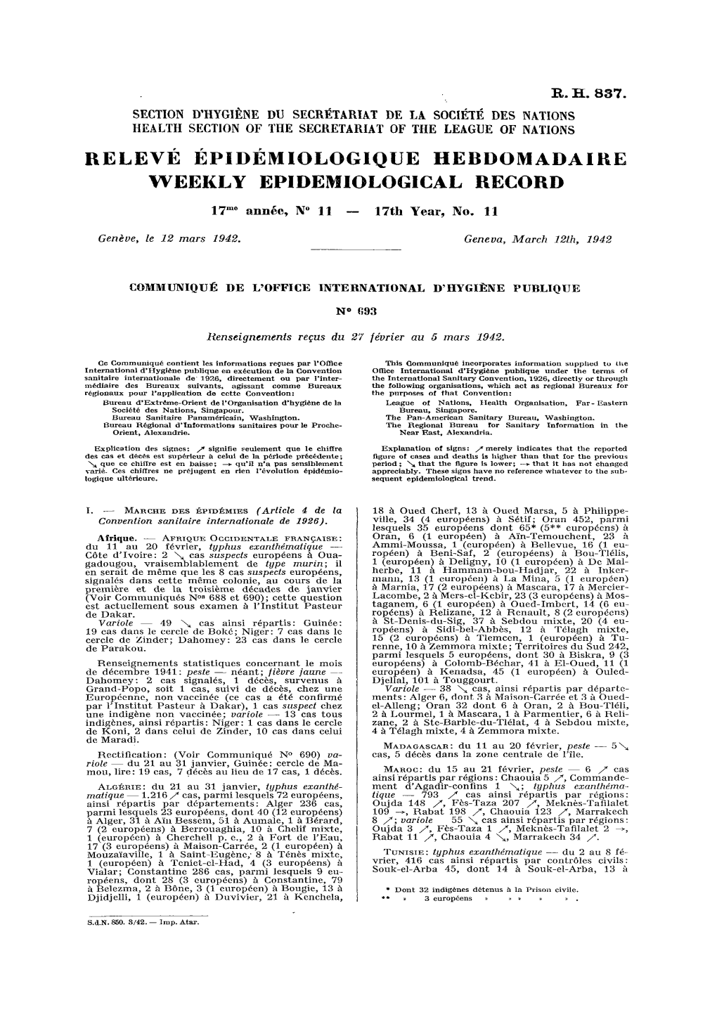 Releve Epidemiologique Hebdomadaire Weekly Epidemiological Record