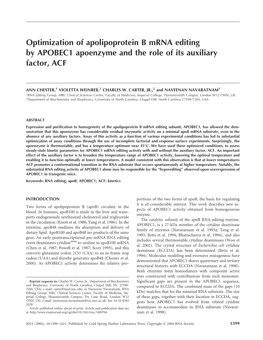 Optimization of Apolipoprotein B Mrna Editing by APOBEC1 Apoenzyme and the Role of Its Auxiliary Factor, ACF