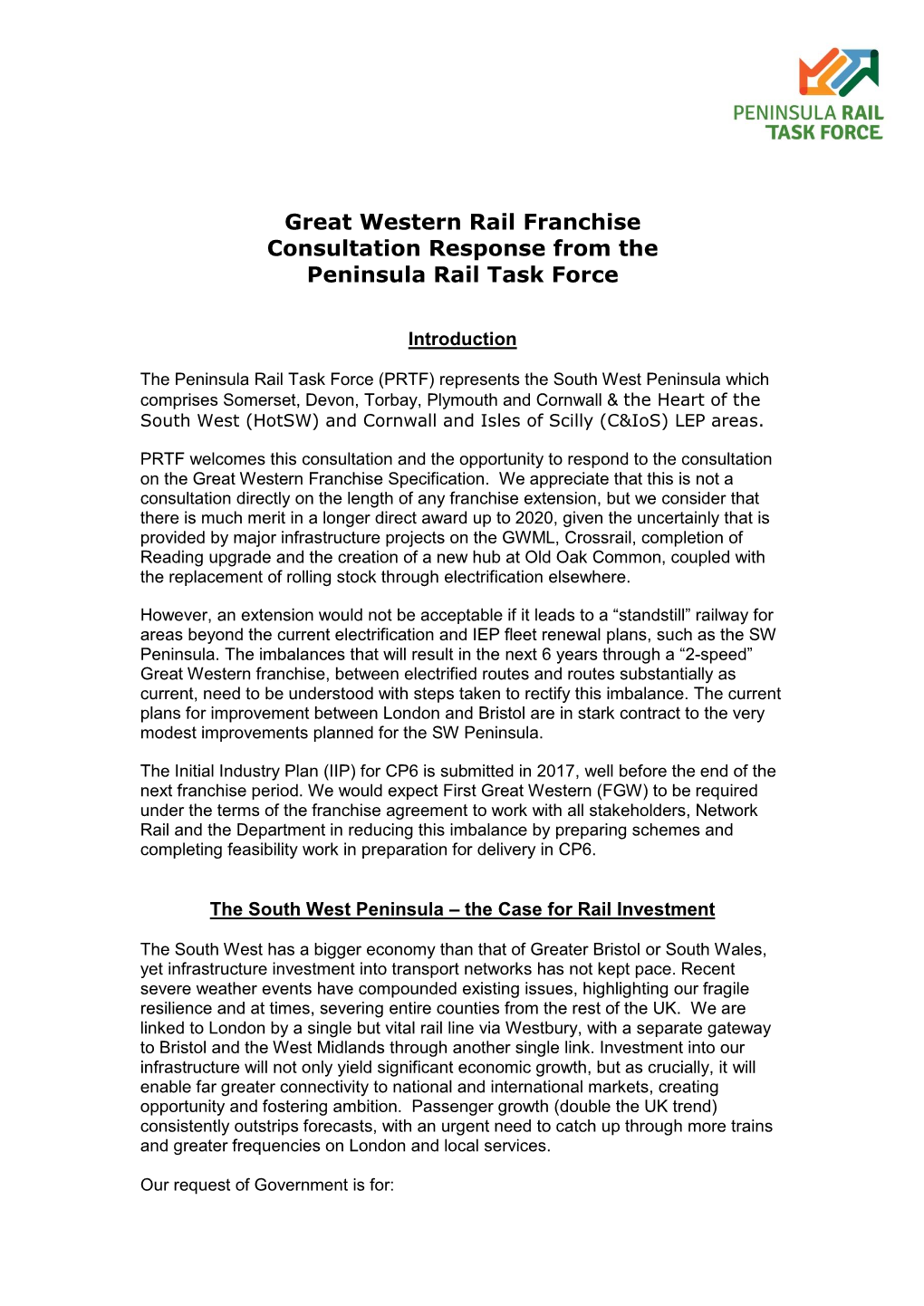 Great Western Rail Franchise Consultation Response from the Peninsula Rail Task Force