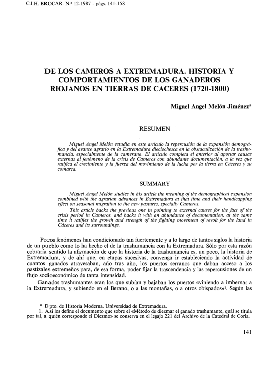 De Los Cameros a Extremadura. Historia Y Comportamientos De Los Ganaderos Riojanos En Tierras De Caceres (1720-1800)