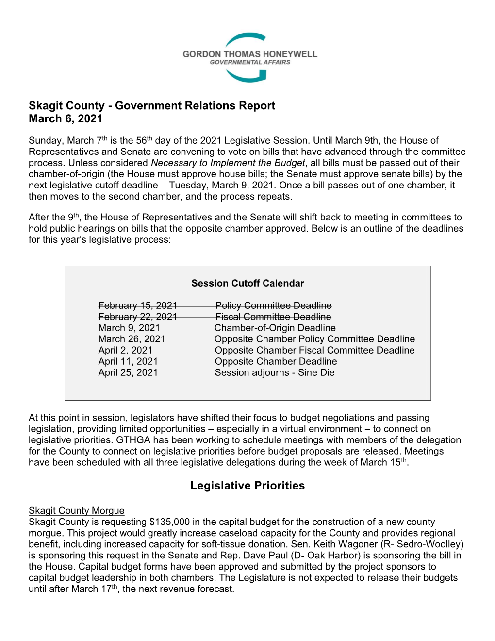 Government Relations Report March 6, 2021 Legislative