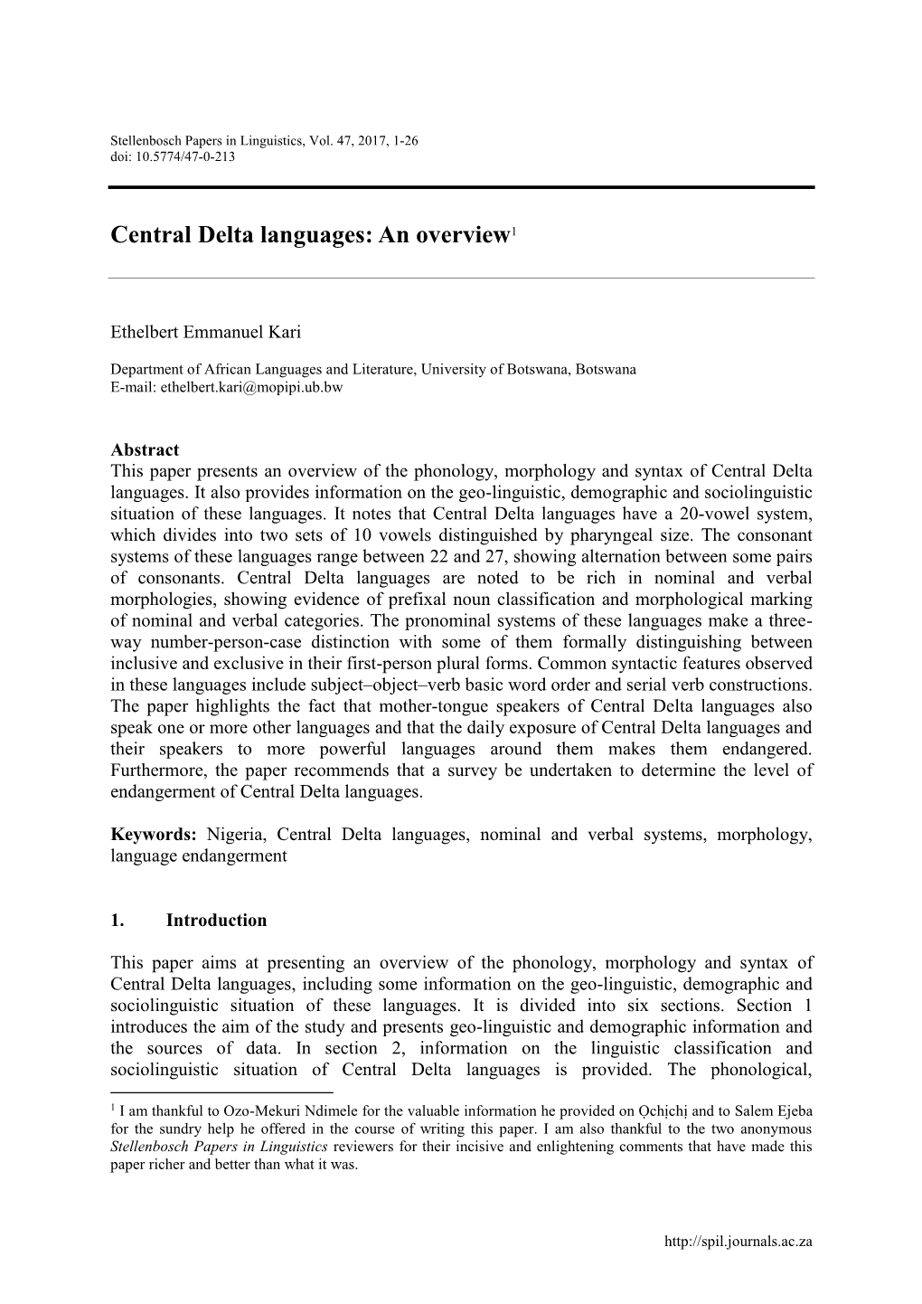 Central Delta Languages: an Overview1