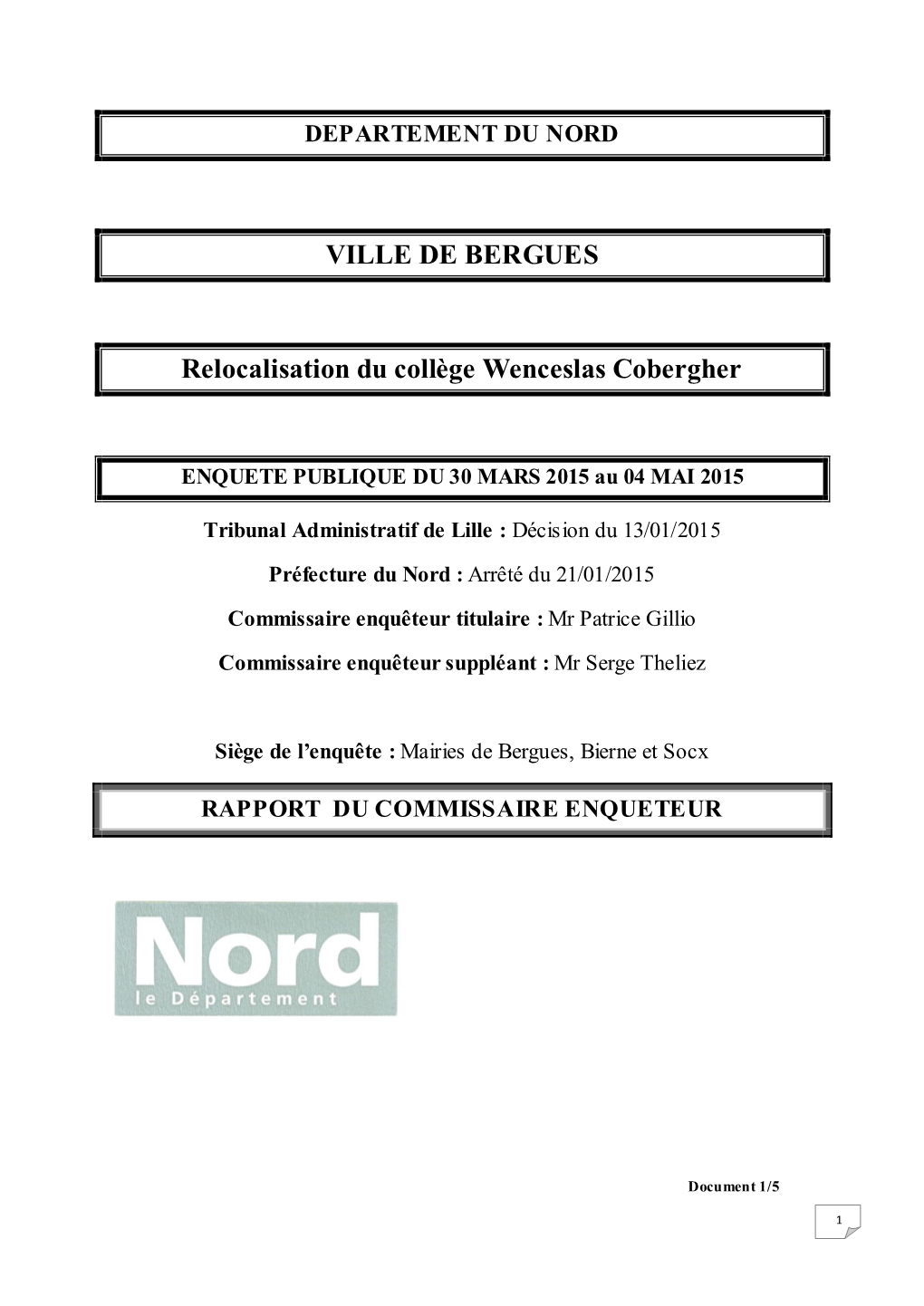 VILLE DE BERGUES Relocalisation Du Collège Wenceslas Cobergher