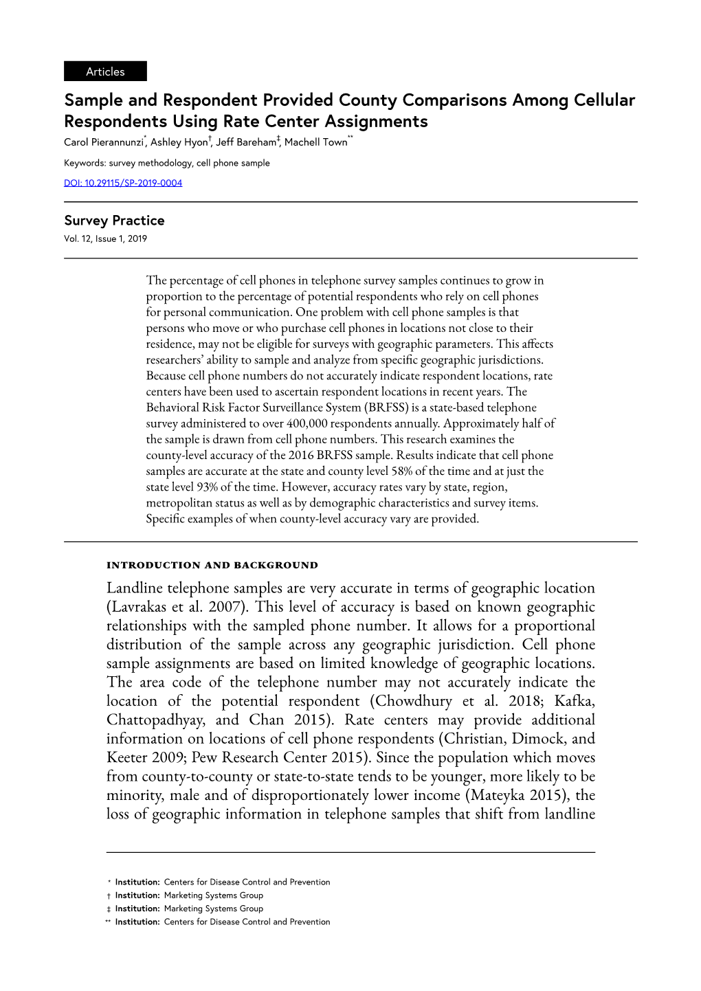 Sample and Respondent Provided County Comparisons Among Cellular Respondents Using Rate Center Assignments