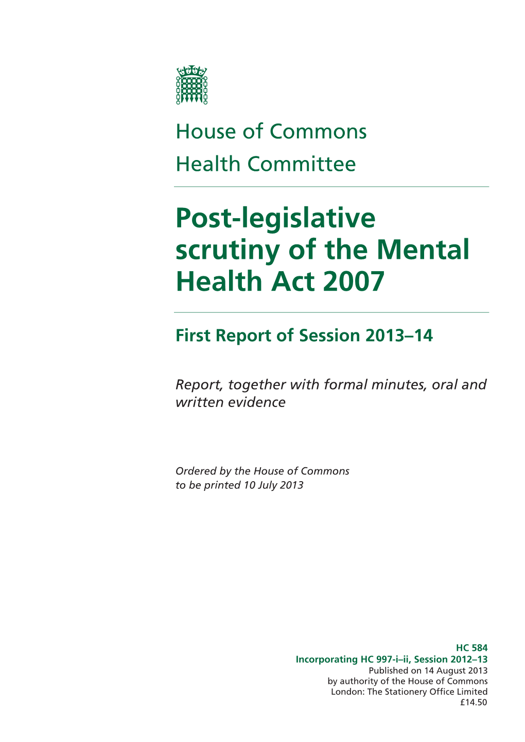 Post-Legislative Scrutiny of the Mental Health Act 2007