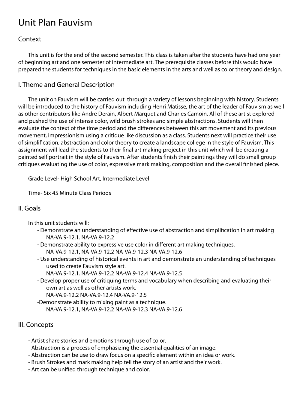 Unit Plan Fauvism