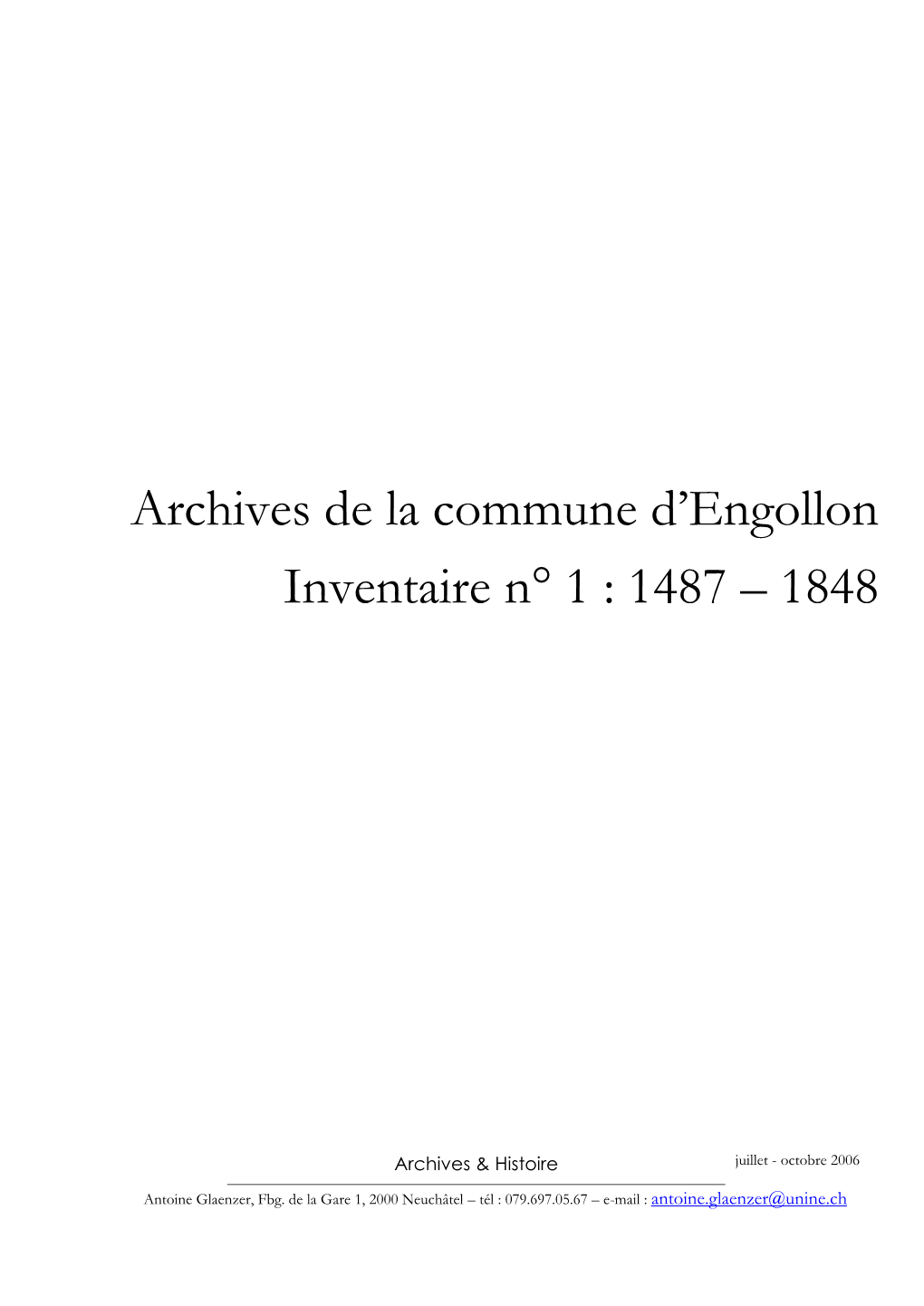 Archives De La Commune D'engollon Inventaire N° 1 : 1487 – 1848