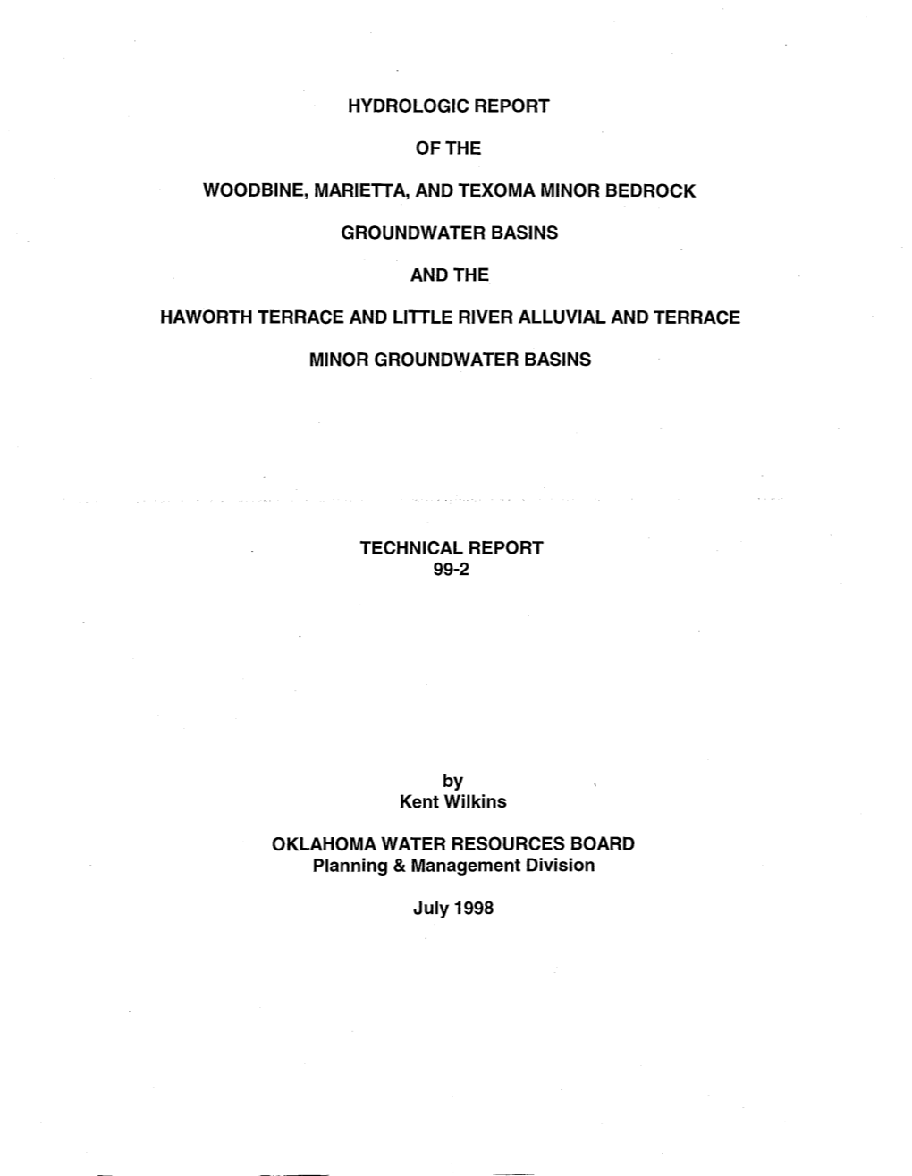 Hydrologic Report of the Woodbine, Marietia, and Texoma Minor