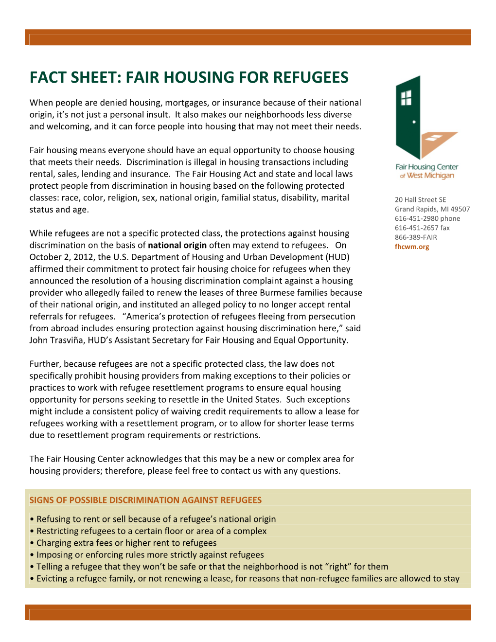 Fact Sheet: Fair Housing for Refugees