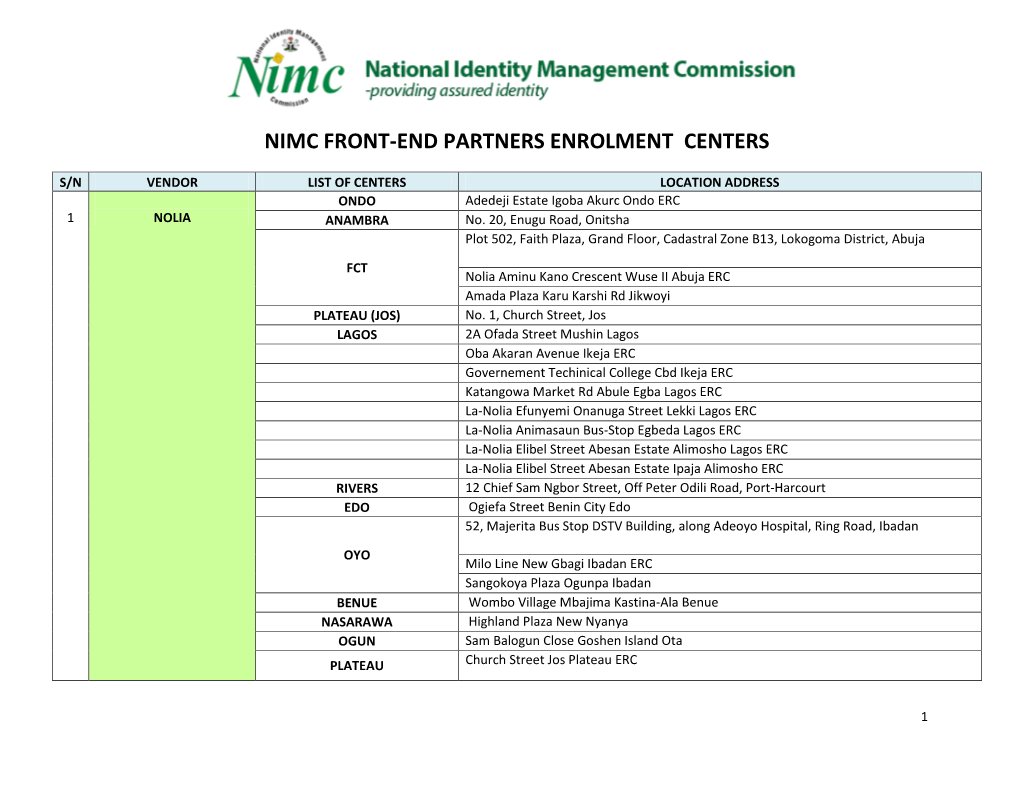 Nimc Front-End Partners Enrolment Centers