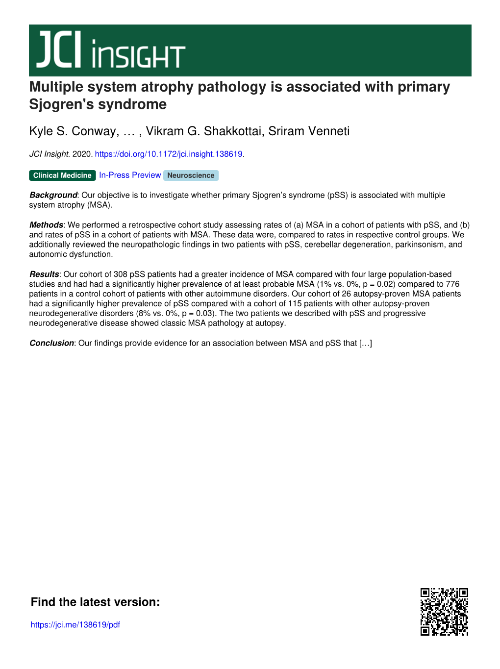 Multiple System Atrophy Pathology Is Associated with Primary Sjogren's Syndrome