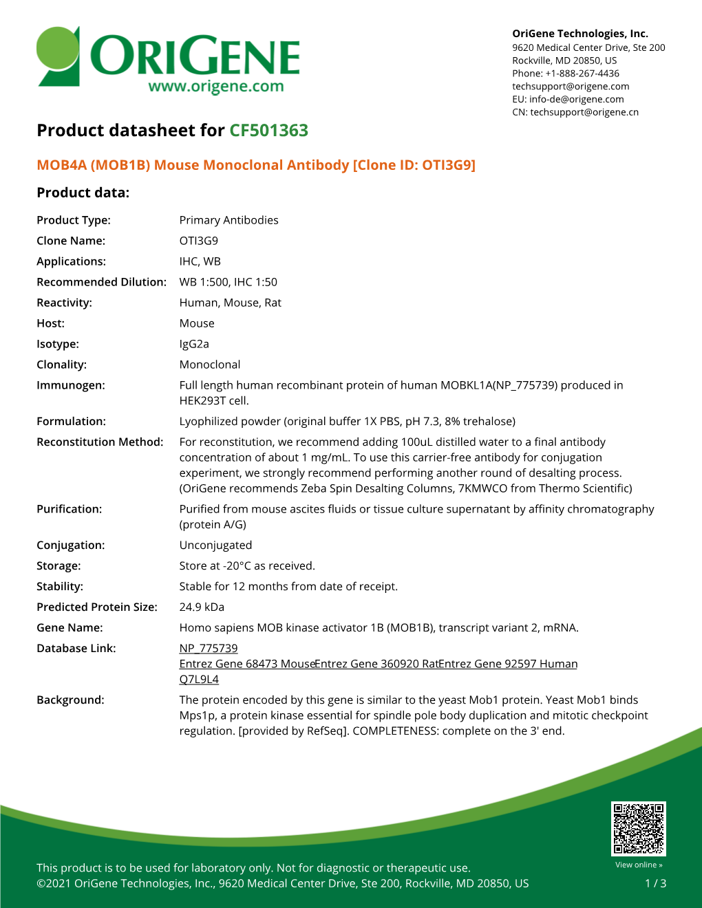 MOB4A (MOB1B) Mouse Monoclonal Antibody [Clone ID: OTI3G9] Product Data