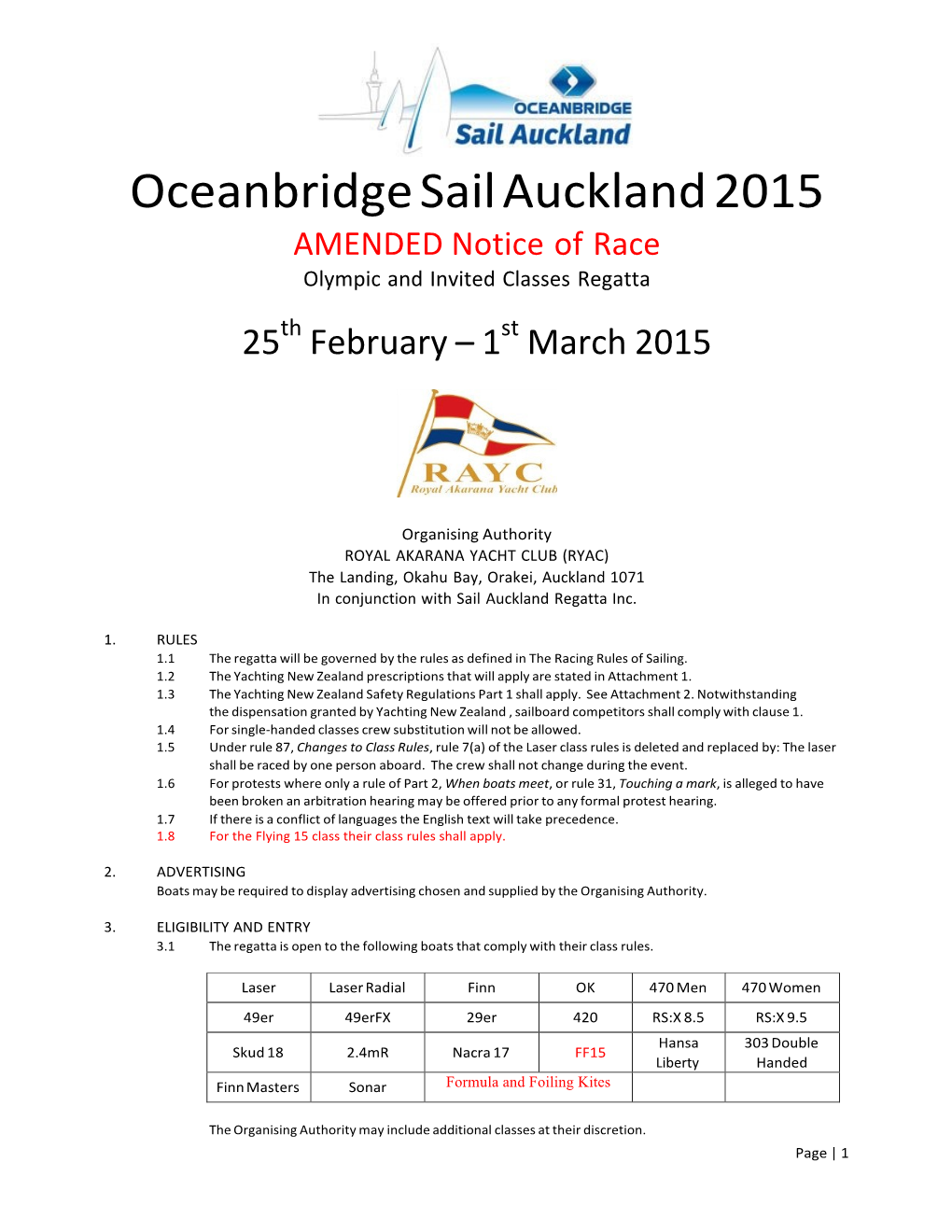 Oceanbridge Sail Auckland 2015 AMENDED Notice of Race Olympic and Invited Classes Regatta 25Th February – 1St March 2015