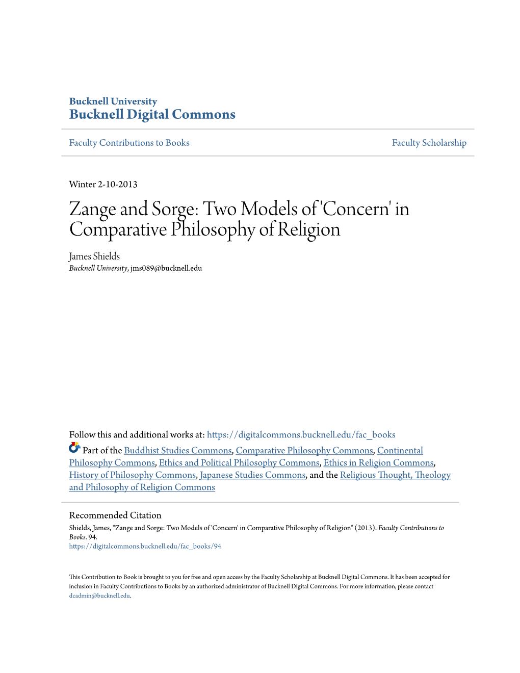 Zange and Sorge: Two Models of 'Concern' in Comparative Philosophy of Religion James Shields Bucknell University, Jms089@Bucknell.Edu