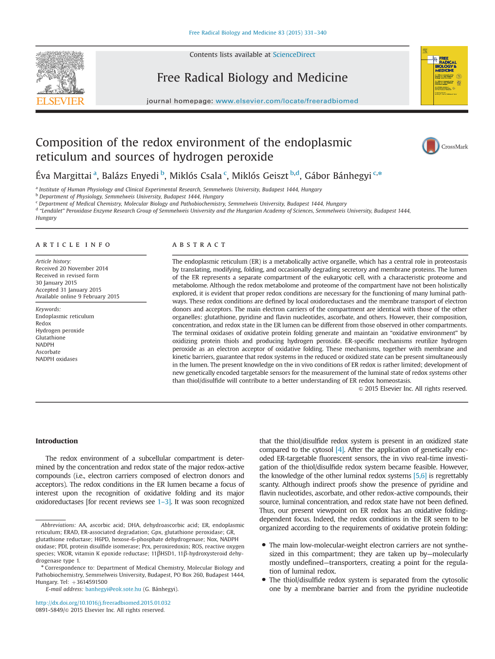 Composition of the Redox Environment of the Endoplasmic Reticulum and Sources of Hydrogen Peroxide