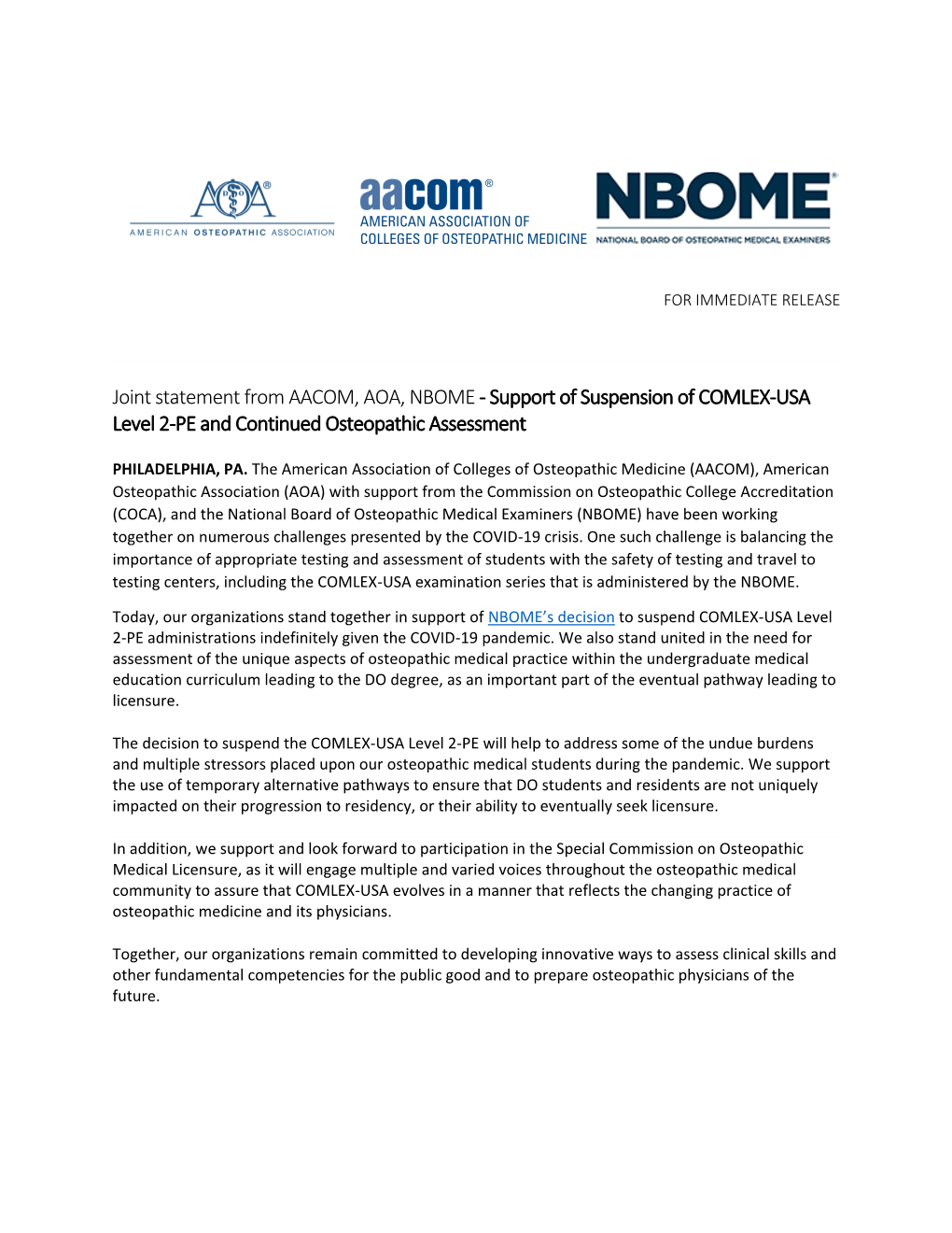 Joint Statement from AACOM, AOA, NBOME - Support of Suspension of COMLEX-USA Level 2-PE and Continued Osteopathic Assessment