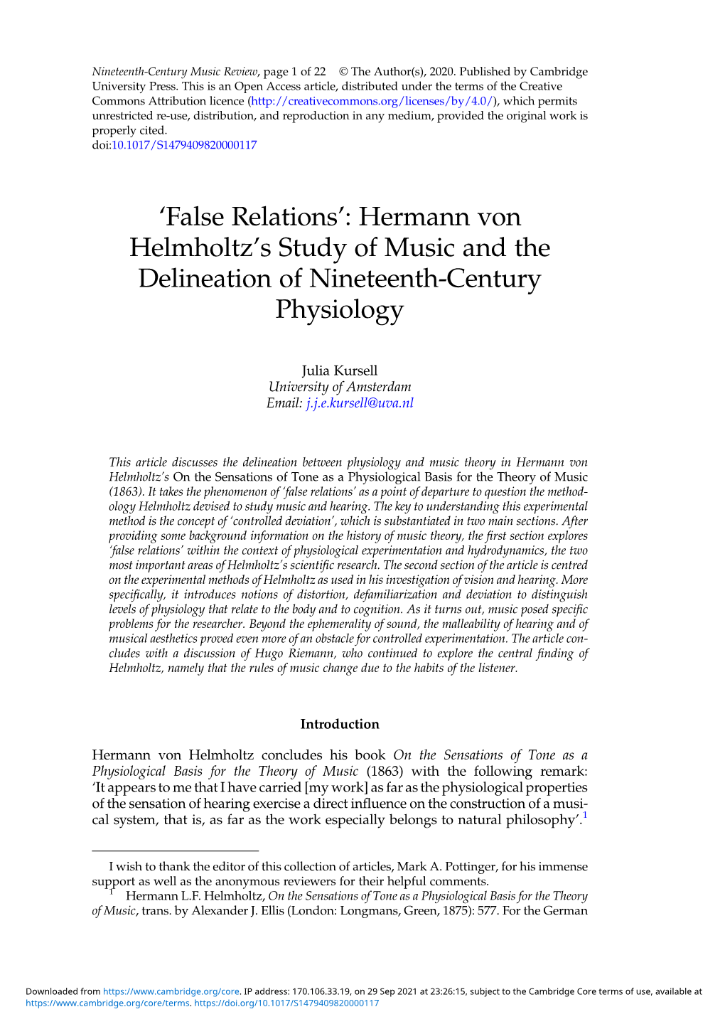 'False Relations': Hermann Von Helmholtz's Study of Music and The