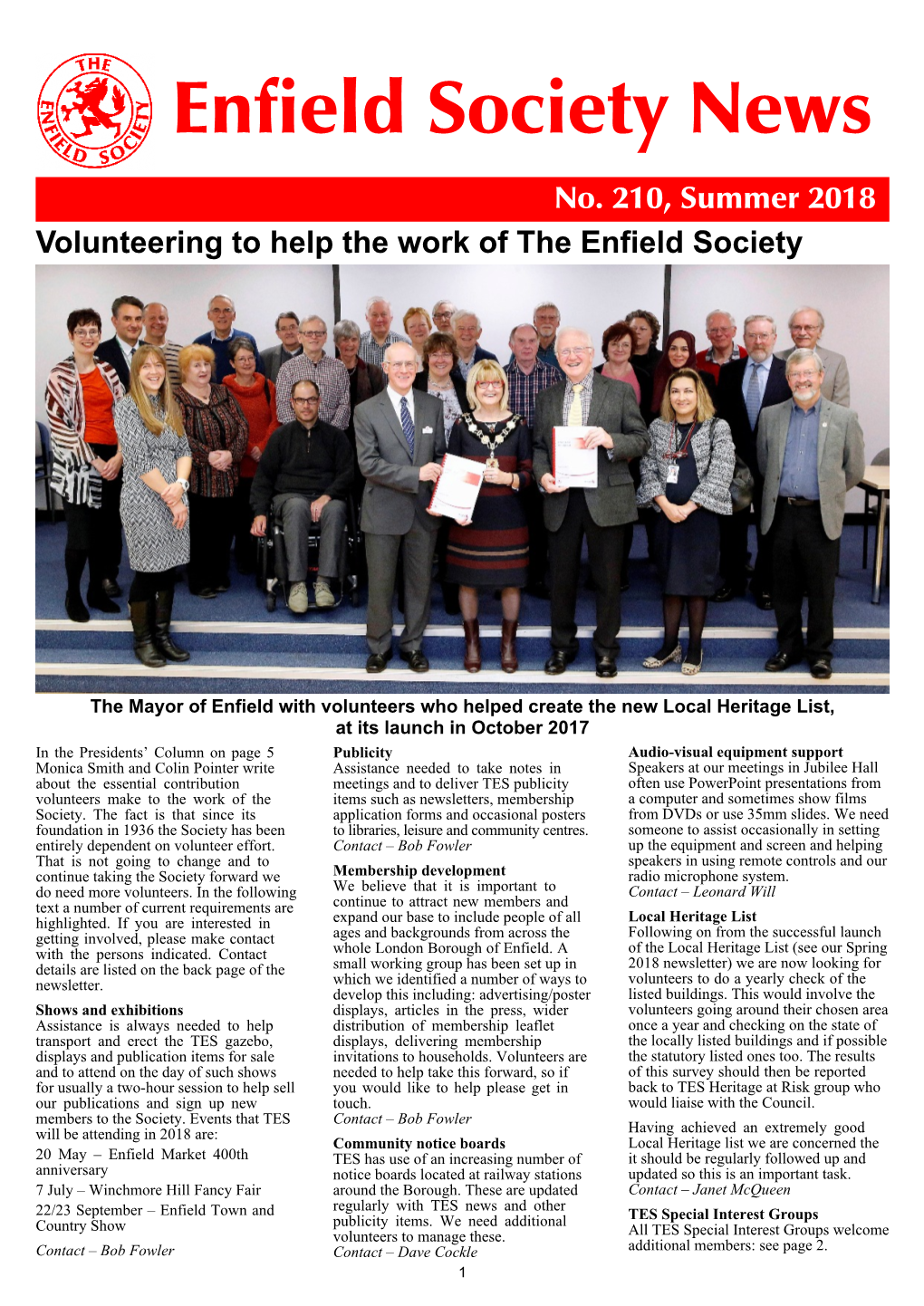 210, Summer 2018 Volunteering to Help the Work of the Enfield Society