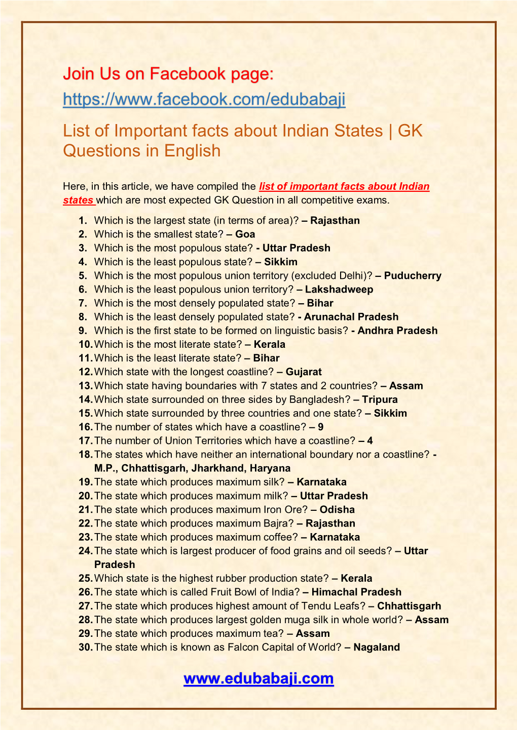 Join Us on Facebook Page: List of Important Facts About Indian States | GK Questions in English