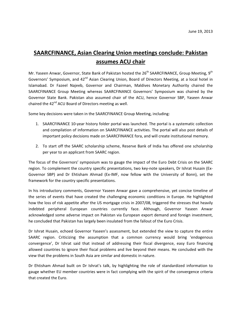 SAARCFINANCE, Asian Clearing Union Meetings Conclude: Pakistan Assumes ACU Chair