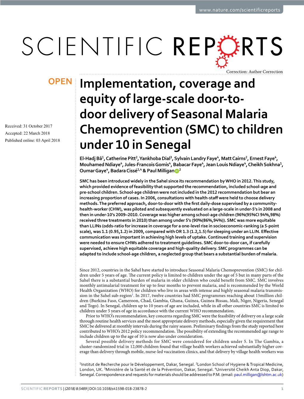 Door Delivery of Seasonal Malaria Chemoprevention (SMC) to Children