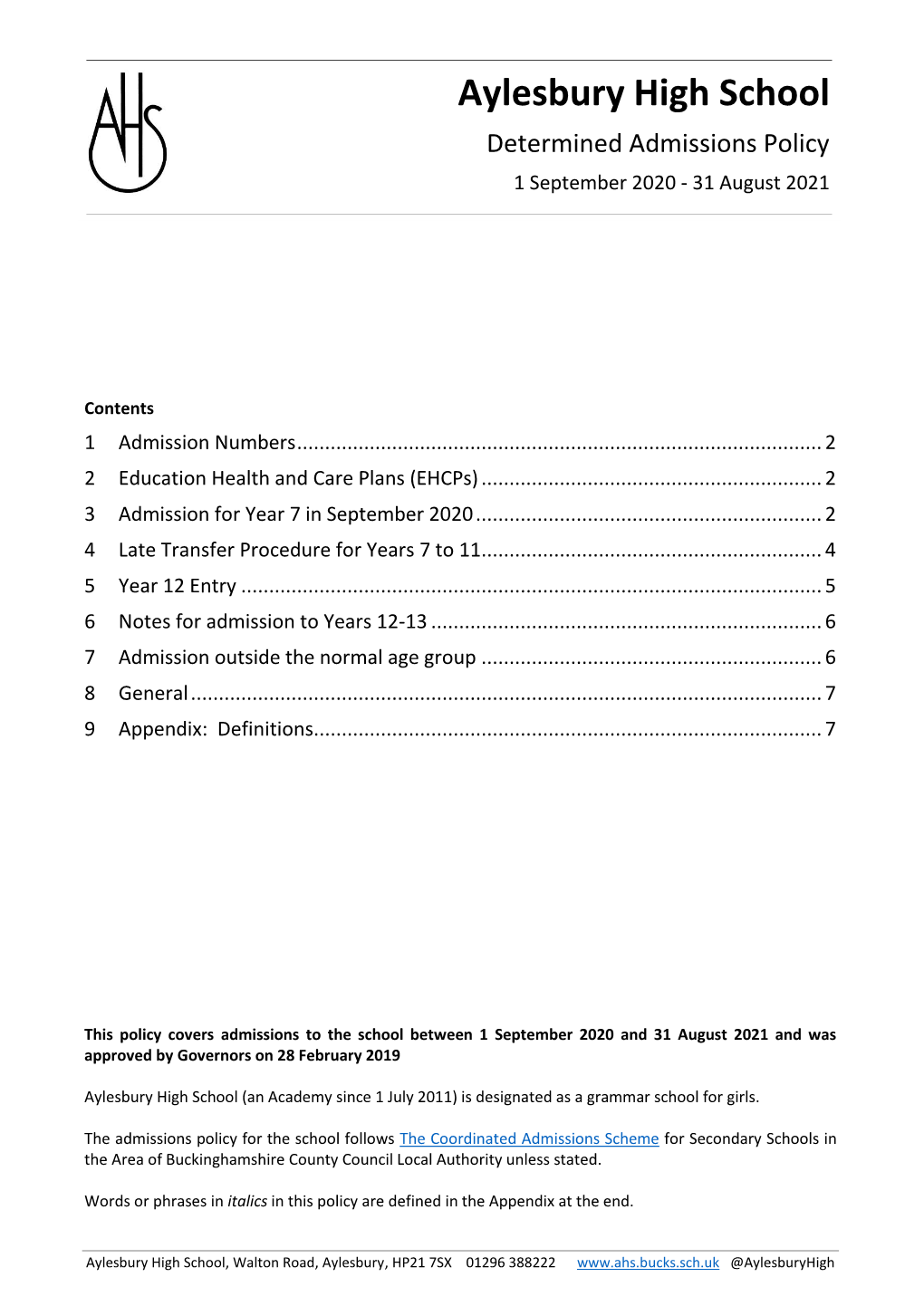 Aylesbury High School DRAFT Determined Admissions Policy