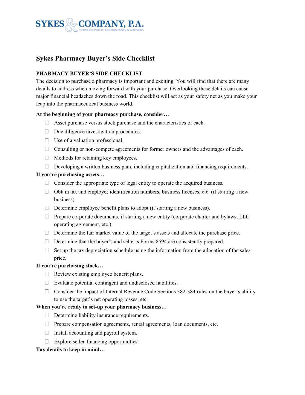 Pharmacy Buyer S Side Checklist
