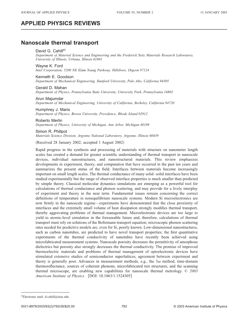 APPLIED PHYSICS REVIEWS Nanoscale Thermal Transport