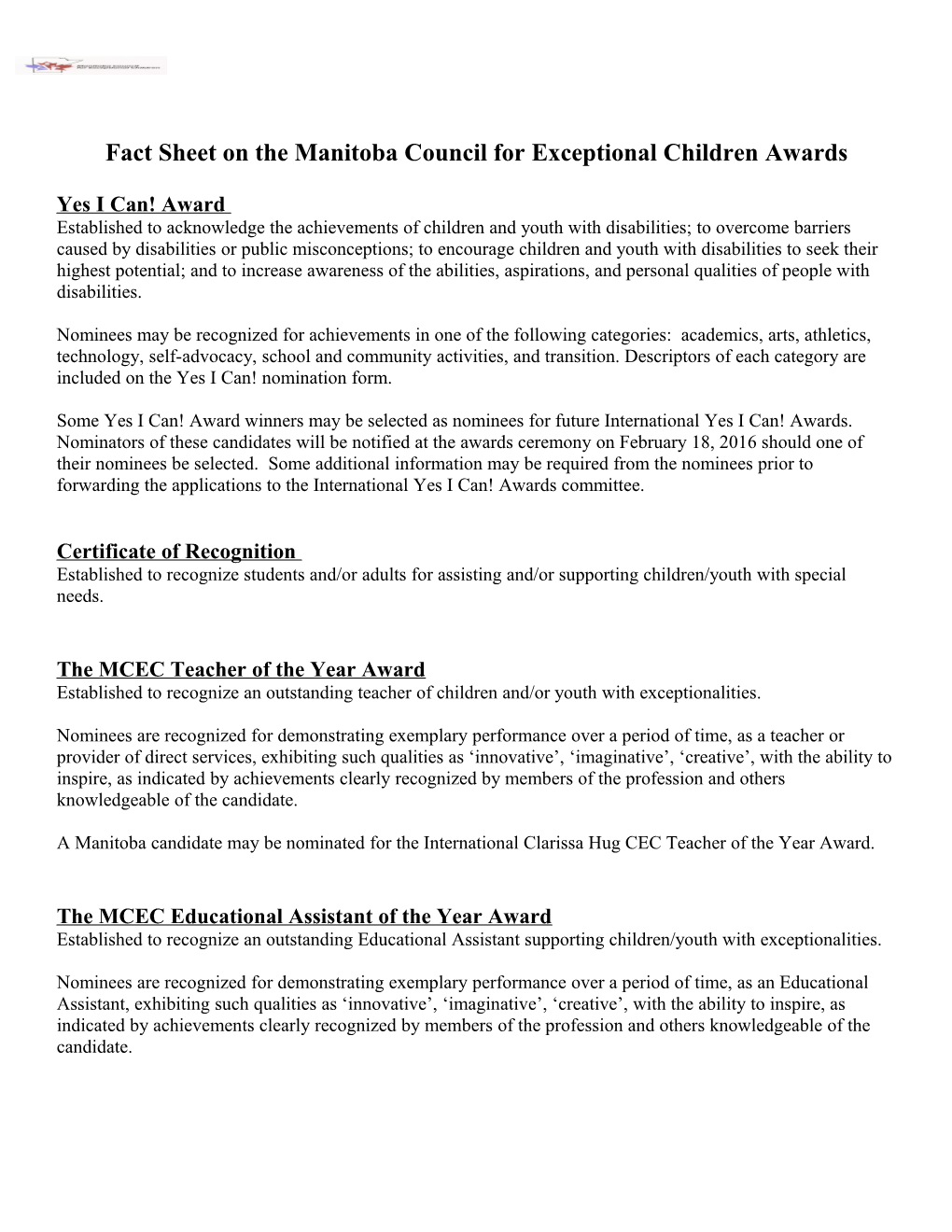 Fact Sheet on the Manitoba Council for Exceptional Children Awards