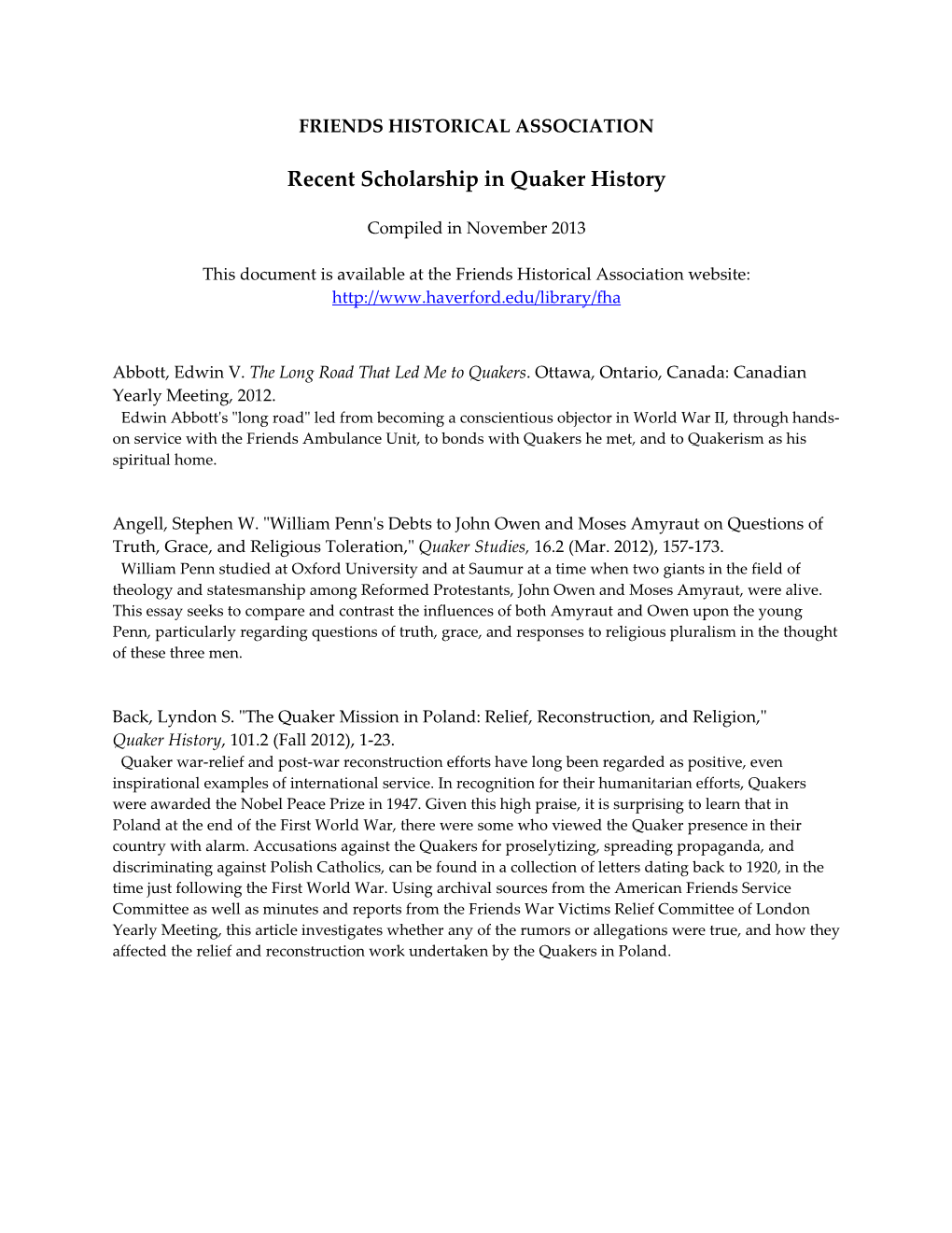 Recent Scholarship in Quaker History