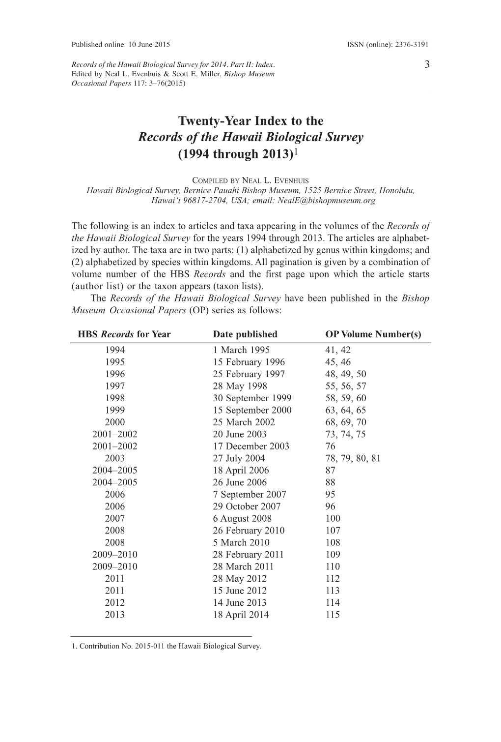 Twenty-Year Index to the Records of the Hawaii Biological Survey (1994 Through 2013) 1