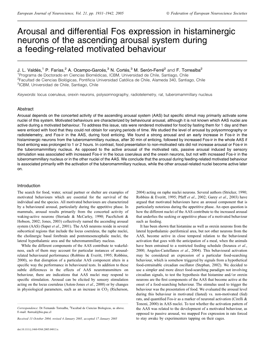 Arousal and Differential Fos Expression in Histaminergic Neurons of the Ascending Arousal System During a Feeding-Related Motivated Behaviour