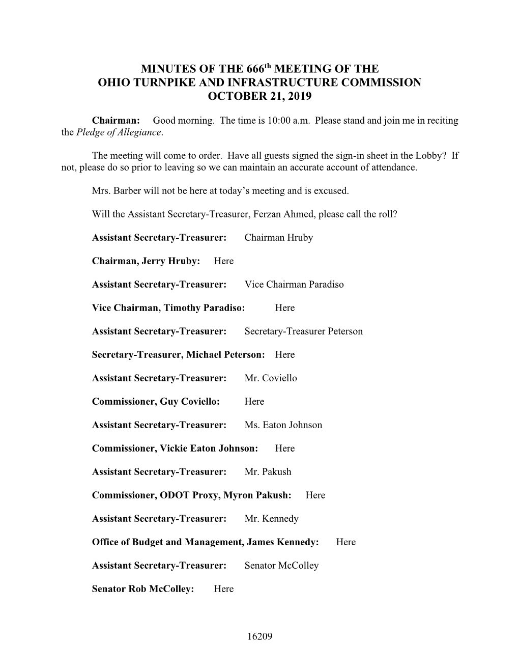 MINUTES of the 666Th MEETING of the OHIO TURNPIKE and INFRASTRUCTURE COMMISSION OCTOBER 21, 2019