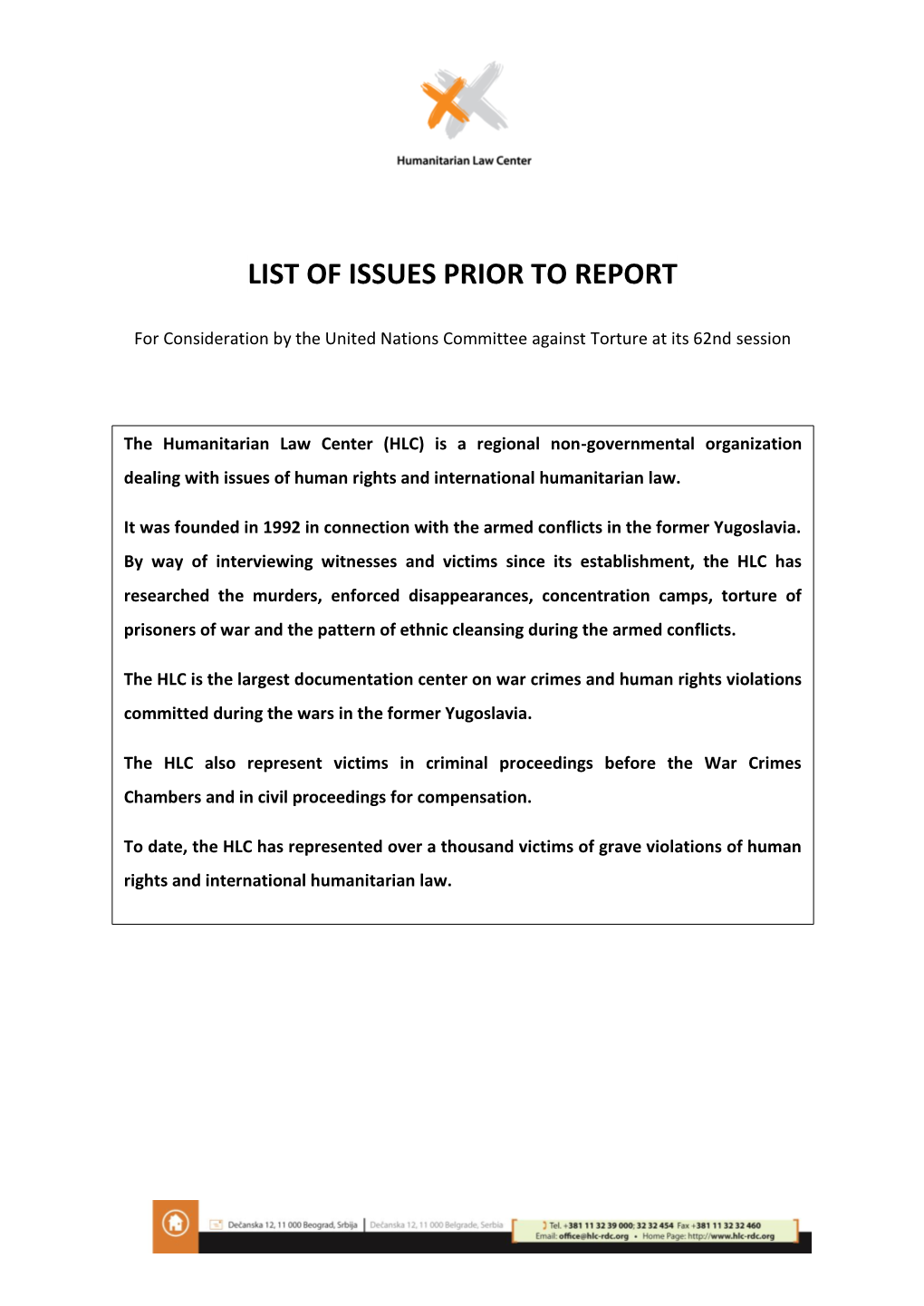 List of Issues Prior to Report