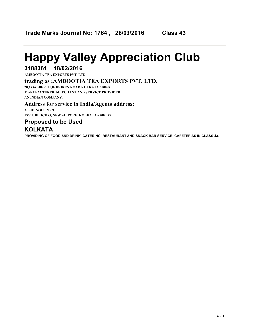 Happy Valley Appreciation Club 3188361 18/02/2016 AMBOOTIA TEA EXPORTS PVT