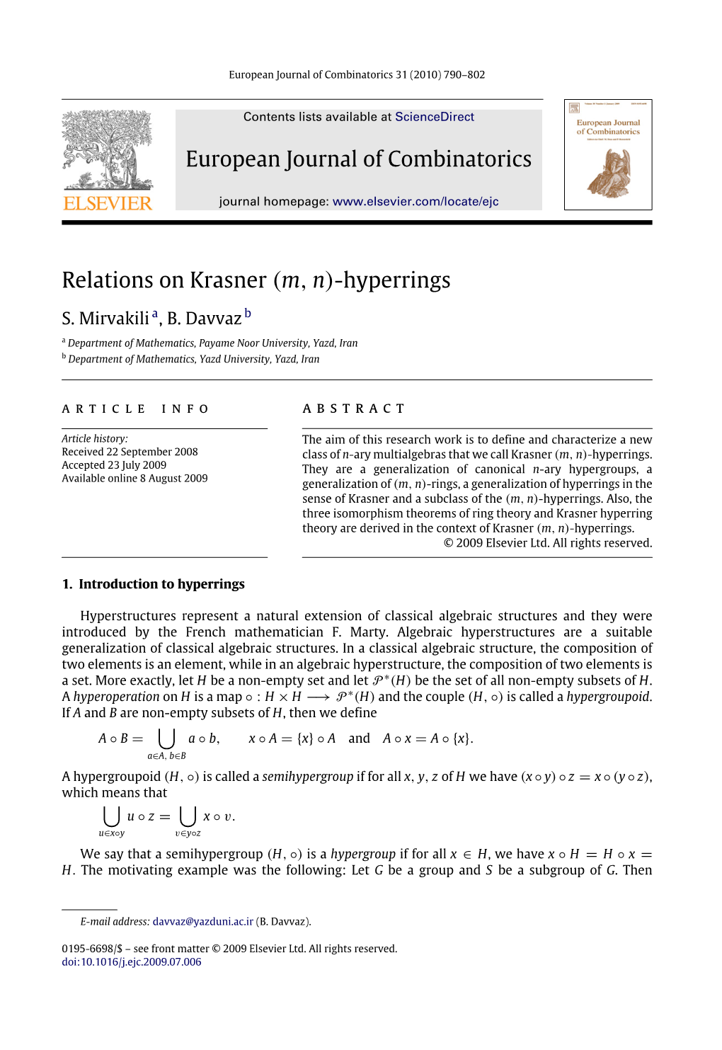 European Journal of Combinatorics Relations on Krasner (M,N