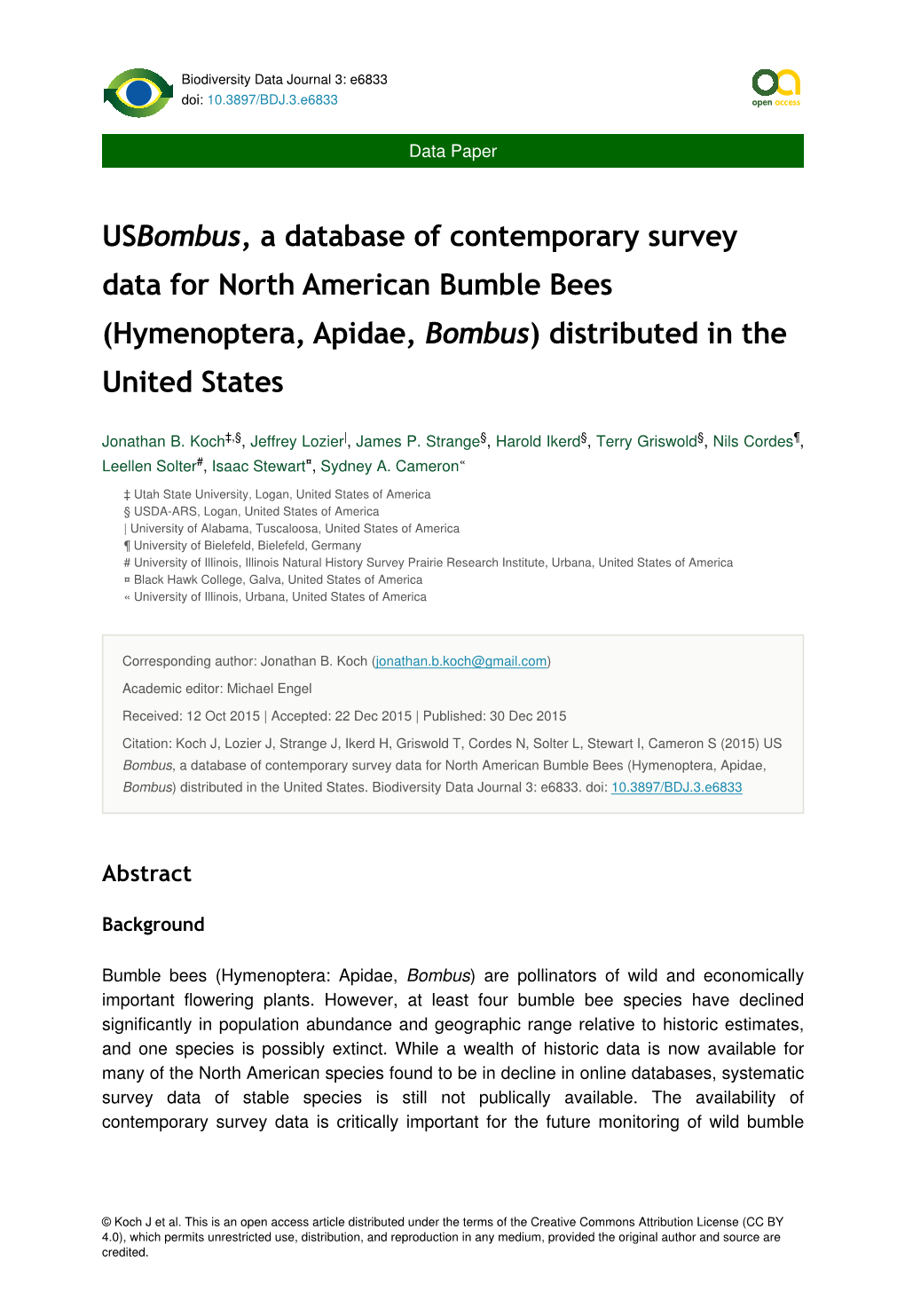 Hymenoptera, Apidae, Bombus) Distributed in the United States