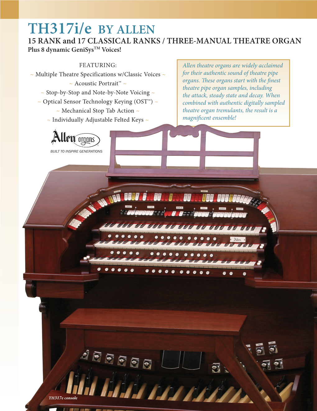Th317i/E by ALLEN 15 RANK and 17 CLASSICAL RANKS / THREE-MANUAL THEATRE ORGAN Plus 8 Dynamic Genisystm Voices!