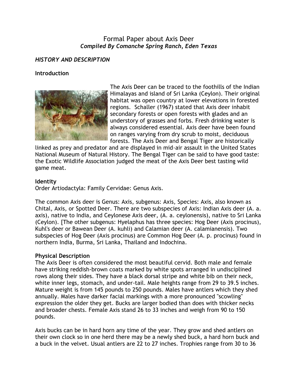 Formal Paper About Axis Deer Compiled by Comanche Spring Ranch, Eden Texas