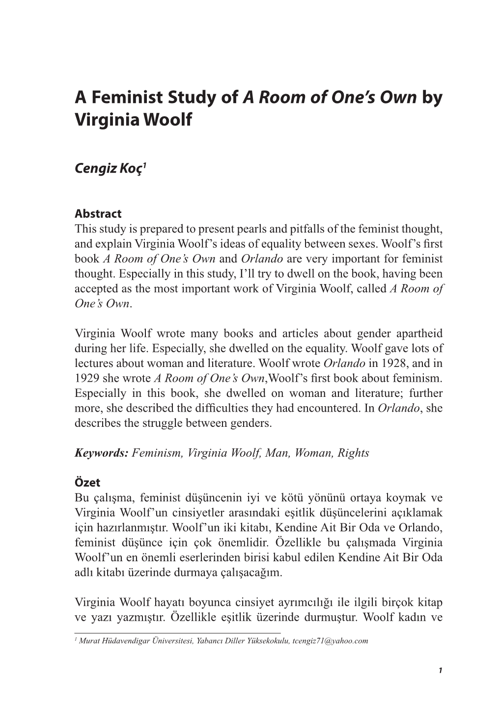 A Feminist Study of a Room of One's Own by Virginia Woolf