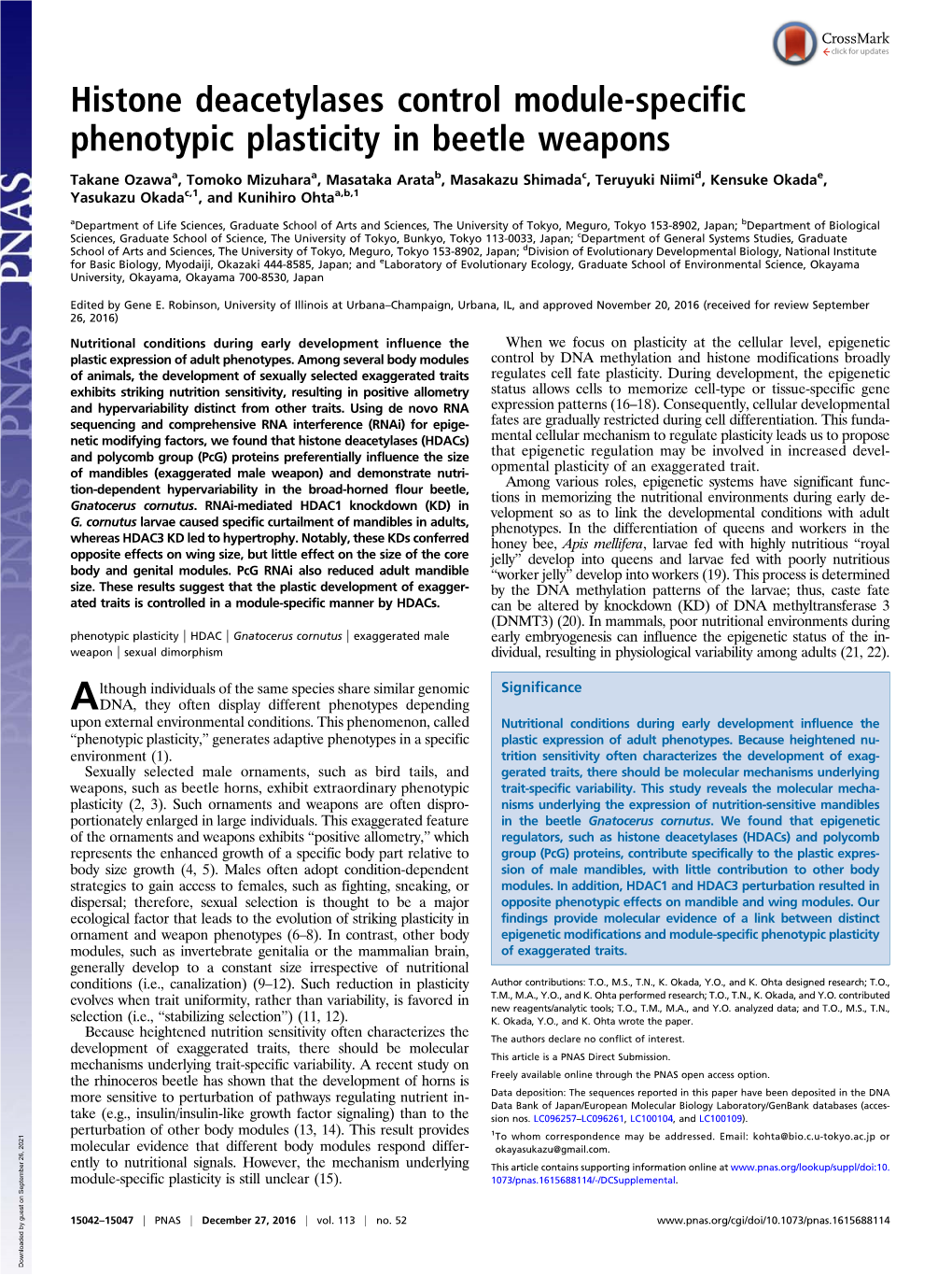 Histone Deacetylases Control Module-Specific Phenotypic Plasticity in Beetle Weapons